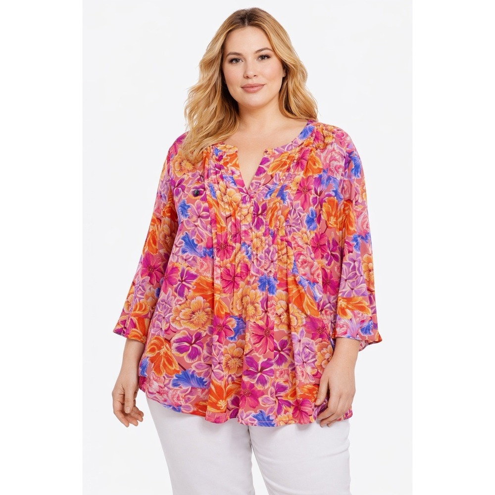 Style & Co Floral Blouse Womens 2X Pink Orange Pleated Front‎ Boho Top Plus